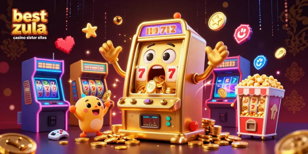 Engaging scene of the best zula casino sister sites illustrated with colorful slot machines and games.