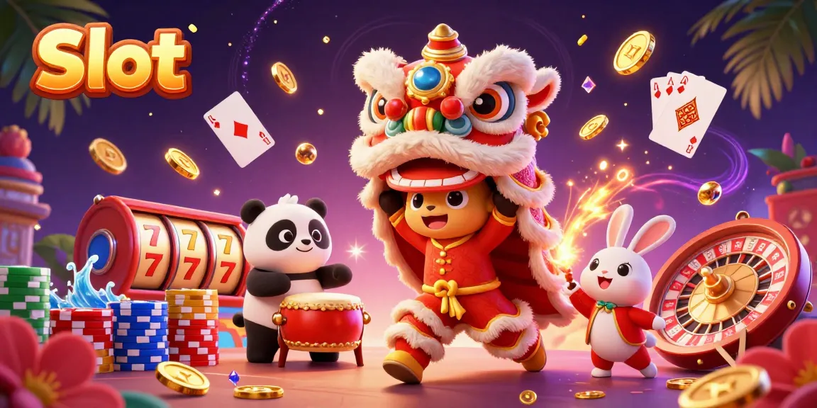 Experience thrilling Slot gameplay with a vibrant lion dance and festive casino elements.