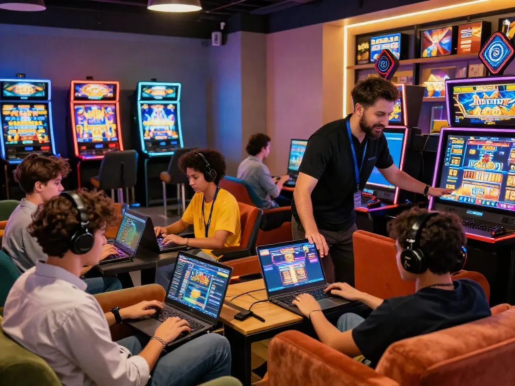 Diverse players actively engaging in an exciting slot game session in a vibrant online gaming lounge.