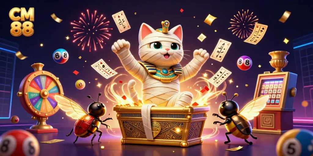 CM 88 captures the excitement of online gambling with a thrilling vibrant casino scene, featuring a mummy cat and glowing scarab.
