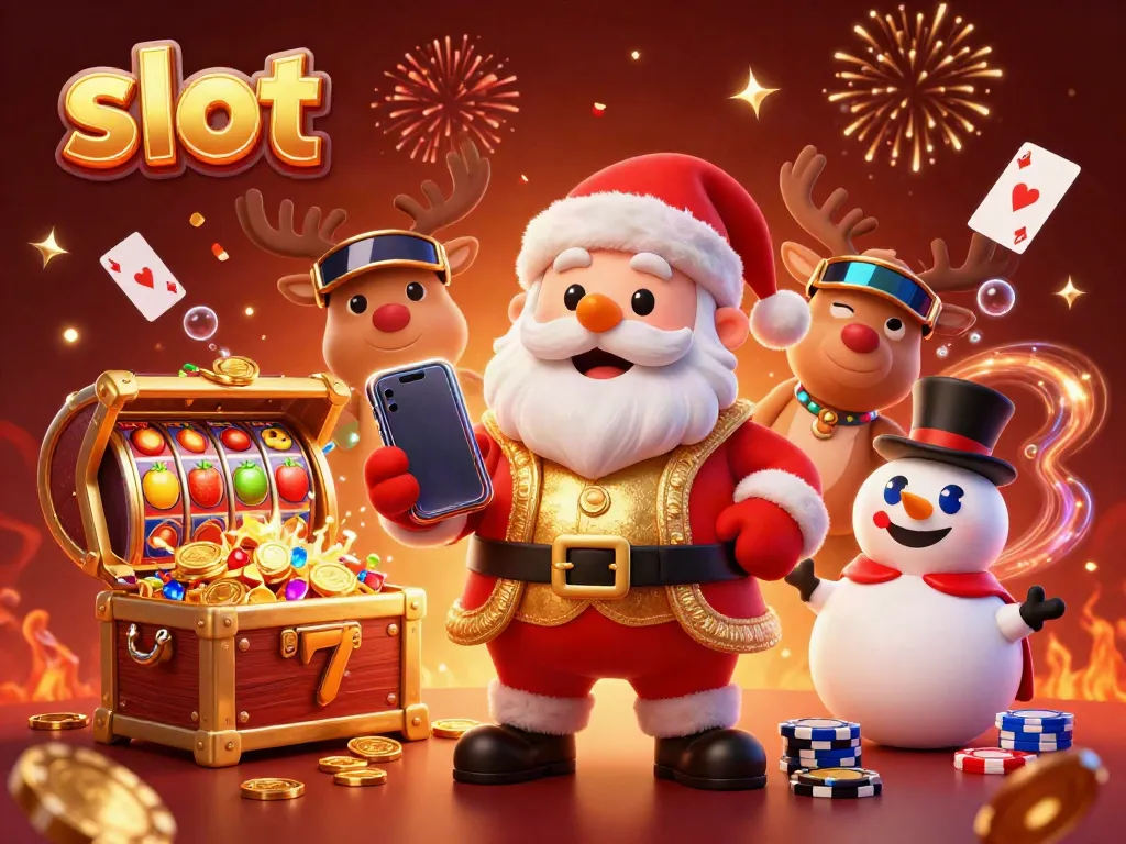 Engage with thrilling slot gameplay in a vibrant 3D festive casino scene full of excitement.