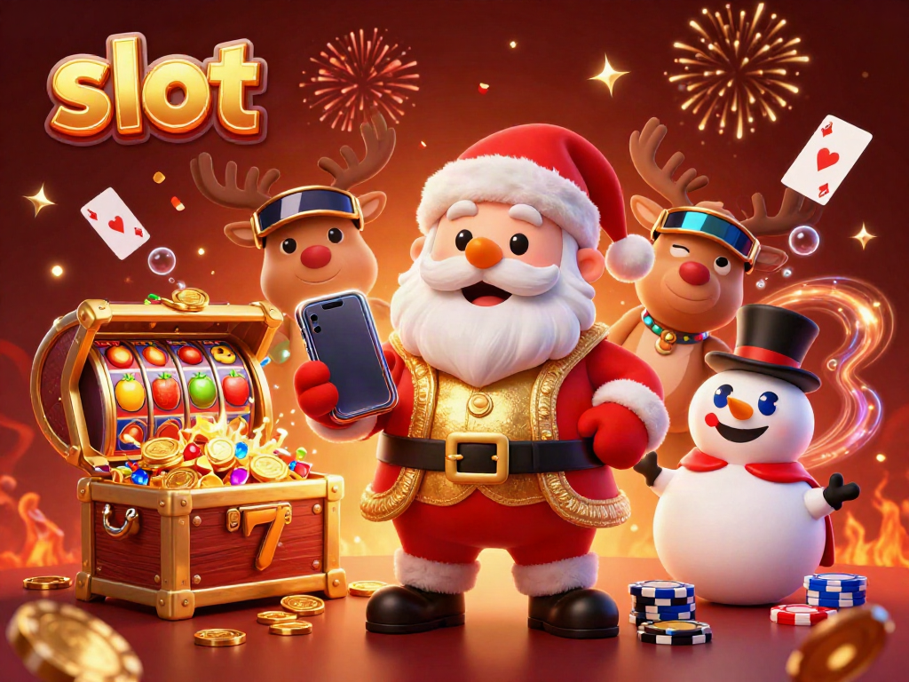 Engage with thrilling slot gameplay in a vibrant 3D festive casino scene full of excitement.
