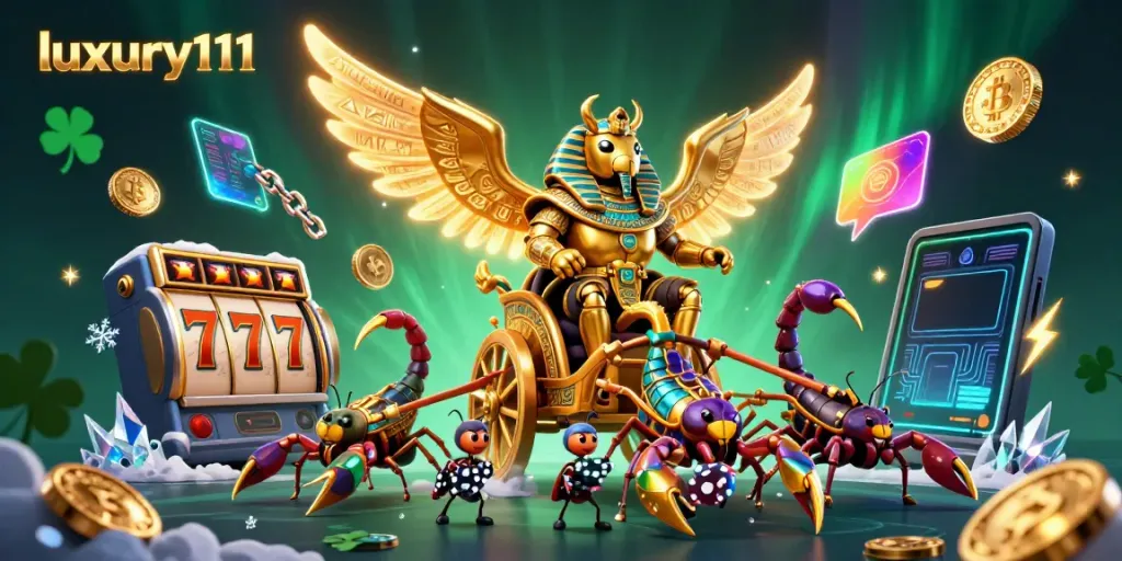 Engage with luxury111 in a vibrant casino scene featuring a golden beetle and slot elements.