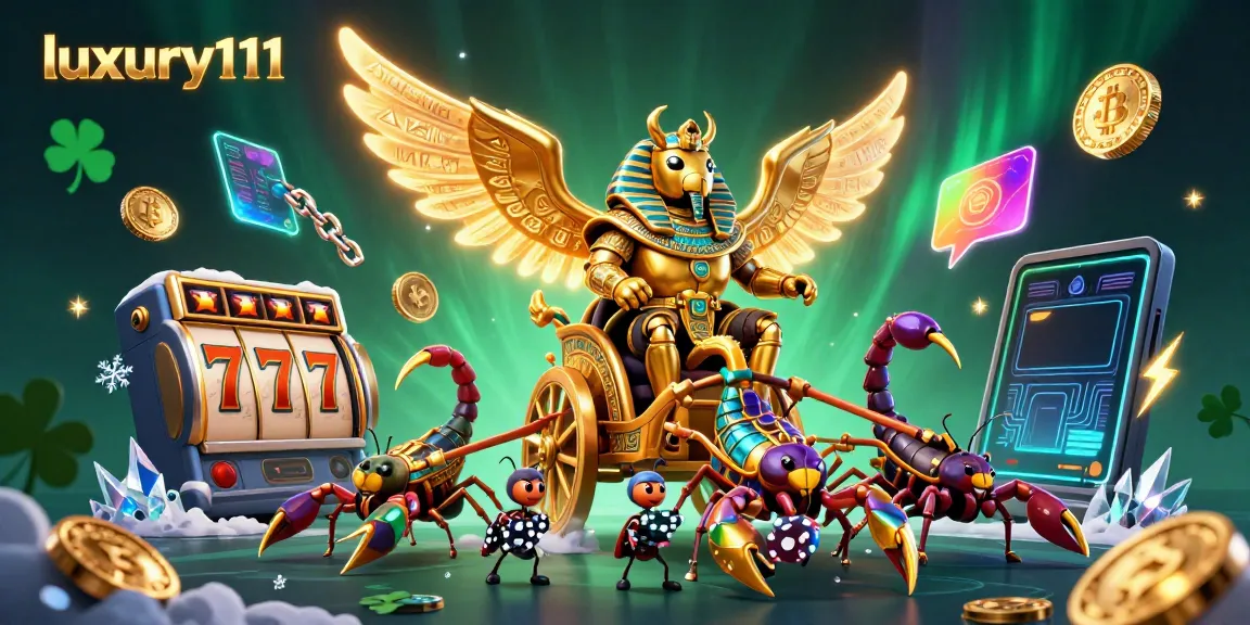 Engage with luxury111 in a vibrant casino scene featuring a golden beetle and slot elements.