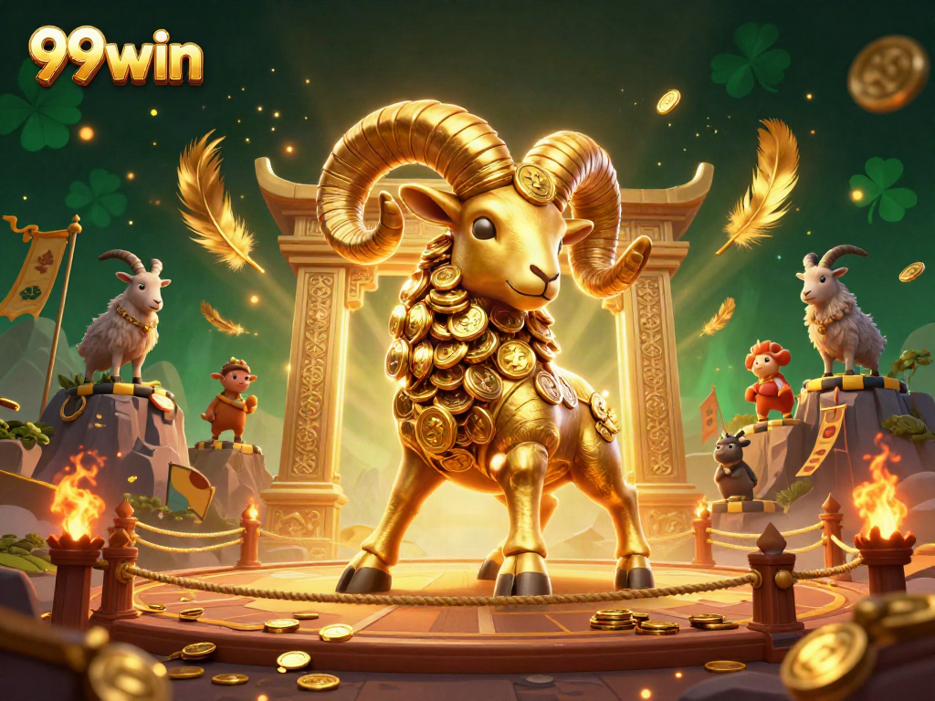 Win big with thrilling gameplay at 99win's epic casino featuring golden ram mascot.