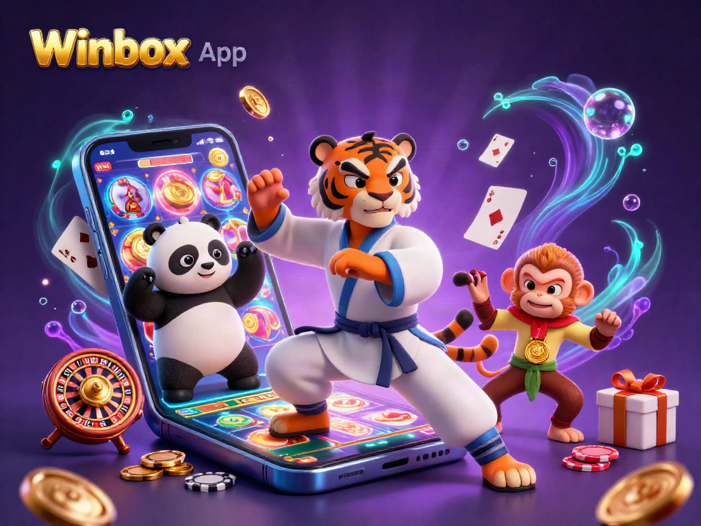 Winbox App showcases a kung fu tiger amidst colorful slot games, emphasizing thrilling casino action.