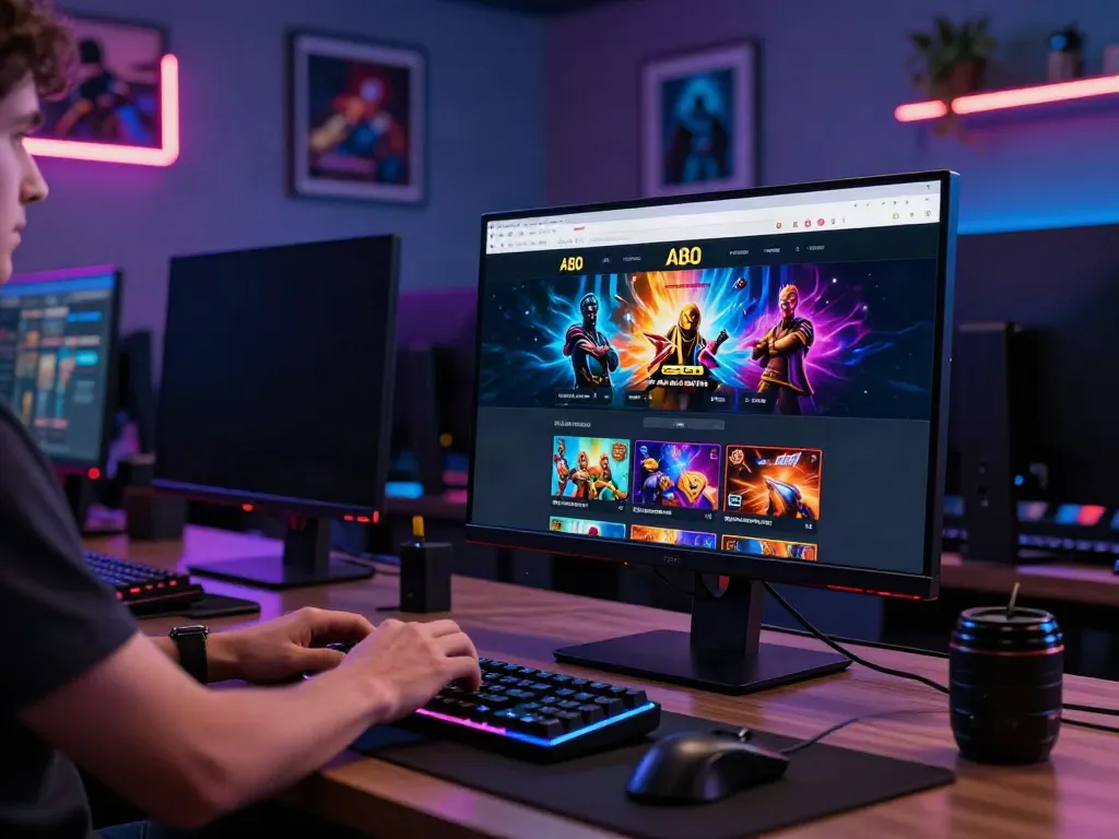 A80 homepage displayed on a computer screen in a stylish online gaming setup with vibrant graphics.