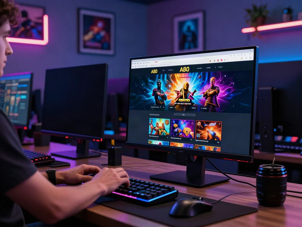 A80 homepage displayed on a computer screen in a stylish online gaming setup with vibrant graphics.