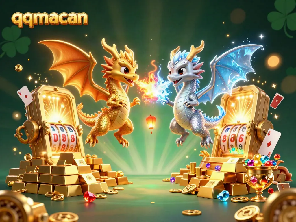 Experience thrilling action with qqmacan as twin dragons conjure fire and ice amid dazzling casino treasures.