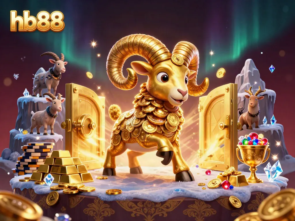 Experience the excitement at hb88 with a golden ram charging through a treasure vault, amidst piles of wealth.
