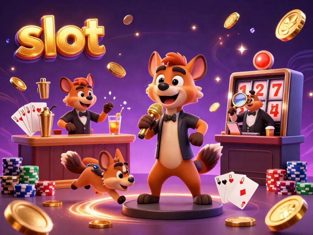 Experience the excitement of a slot-filled casino scene with cartoon hyenas performing and playing.