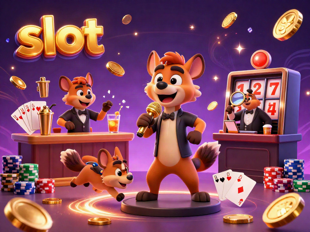 Experience the excitement of a slot-filled casino scene with cartoon hyenas performing and playing.