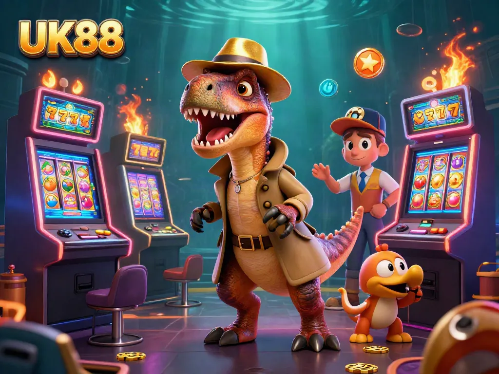 Experience thrilling wins at UK88's vibrant slots with cartoon dinosaurs in a lively casino scene.