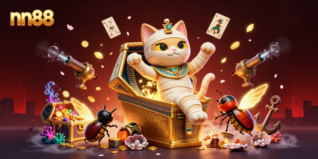 Experience the excitement of nn88 in this dynamic casino scene featuring an Egyptian mummy cat.