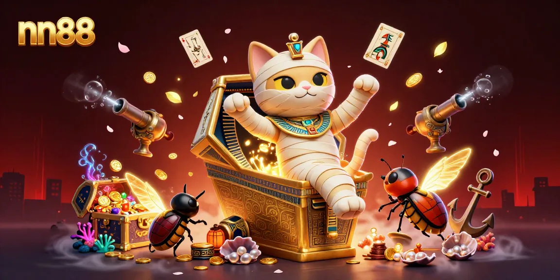 Experience the excitement of nn88 in this dynamic casino scene featuring an Egyptian mummy cat.
