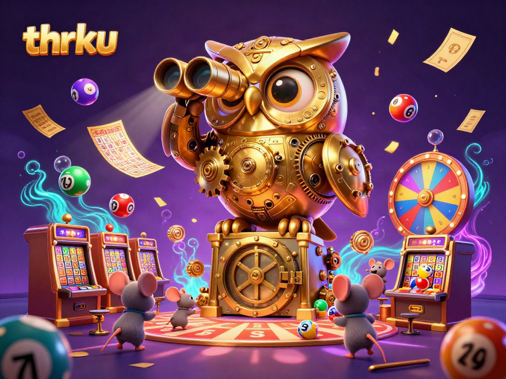 Thrku presents a vibrant casino illustration featuring a golden owl and lively gaming elements.