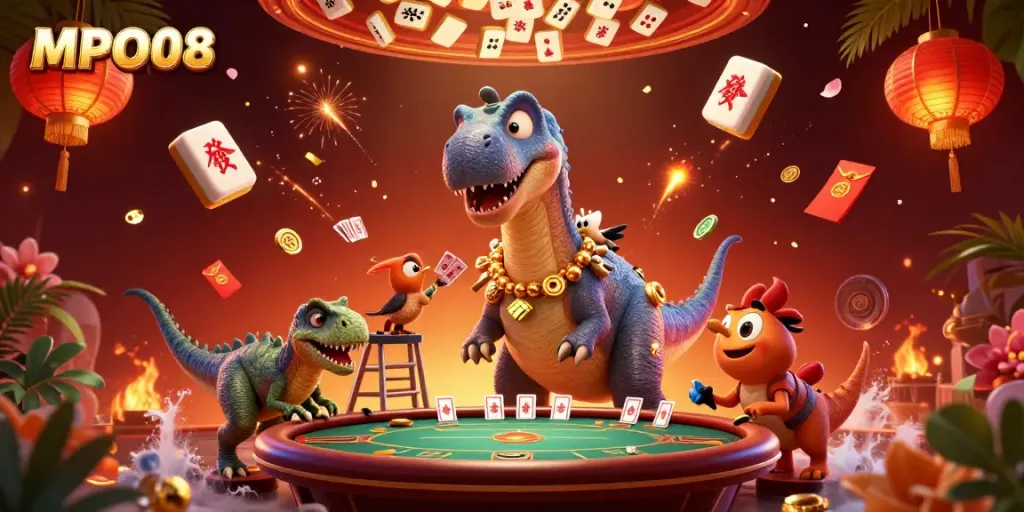 Engage with MPO08's lively casino scene featuring a towering brontosaurus and a clever raptor dealing cards amidst vibrant gaming elements.