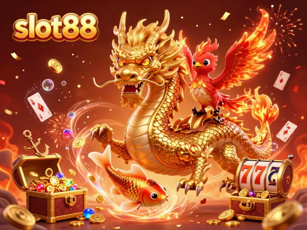 Experience slot88 thrills with a dynamic 3D illustration of a dragon and phoenix, enhancing your gaming adventure.