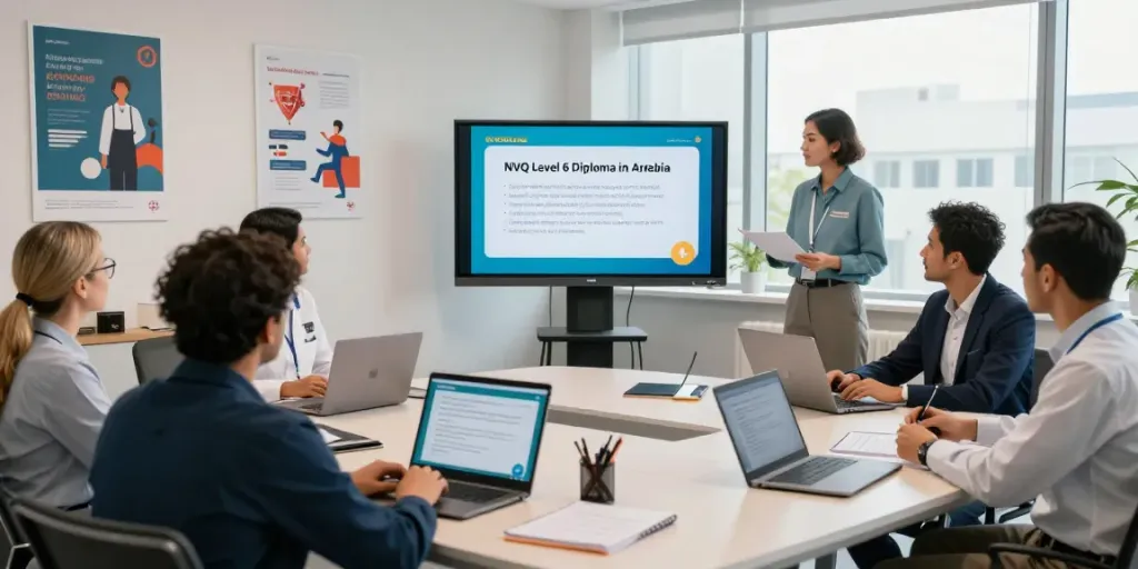 Engaged professionals participating in NVQ Level 6 in Saudi Arabia online training session, showcasing collaboration and modern learning environment.