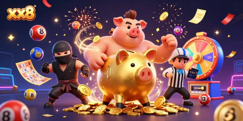 xx8 features a golden piggy bank sumo wrestler celebrating wins amidst dynamic casino elements.