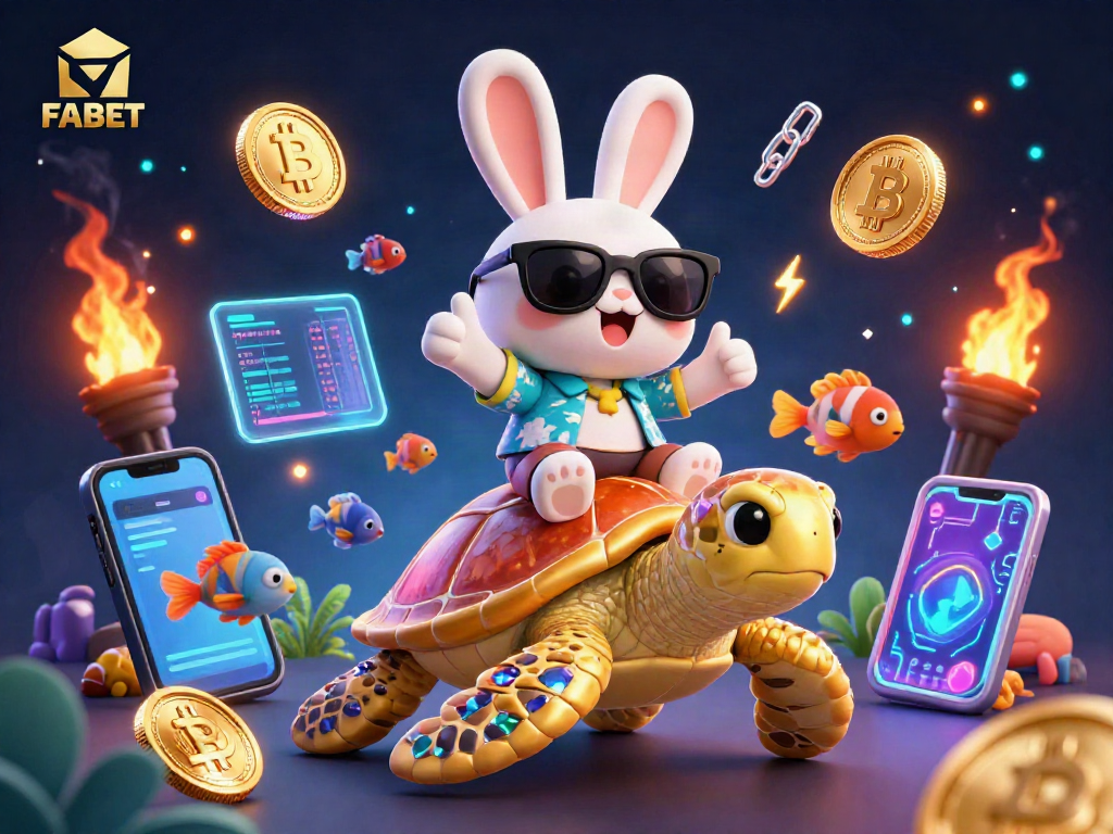 Experience FABET's thrilling gaming adventure with colorful cartoon characters and crypto elements.