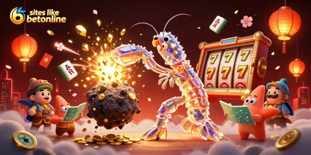 Engage with sites like betonline in a dynamic 3D casino-themed scene featuring a cosmic mantis shrimp and vibrant game elements.