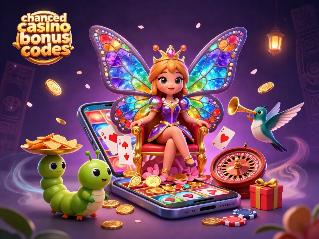 Play and win at Chanced Casino Bonus Codes while a butterfly queen oversees vibrant gaming excitement.