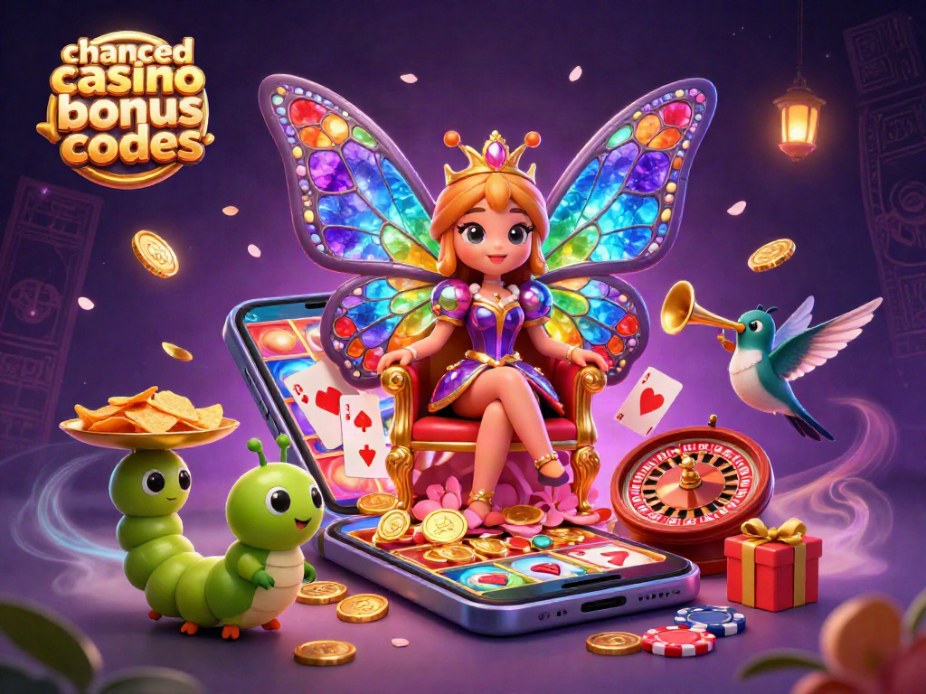 Play and win at Chanced Casino Bonus Codes while a butterfly queen oversees vibrant gaming excitement.