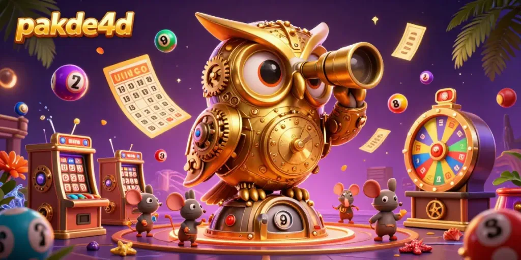 Watch the pakde4d owl oversee a vibrant casino scene filled with lottery elements and energetic patrons.