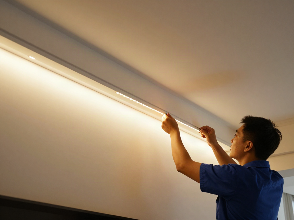 Instalare banda LED 220V de către un profesionist pentru un serviciu local de iluminat de încredere.