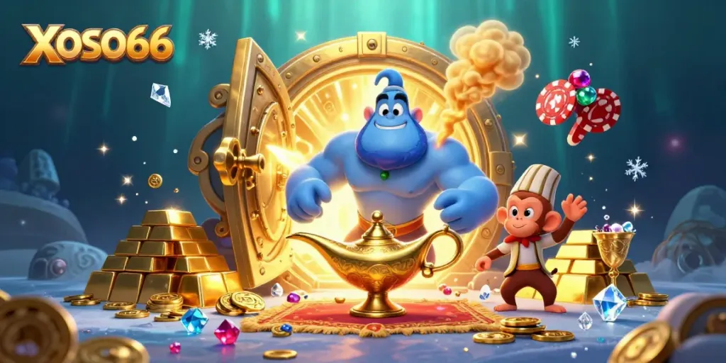 Players win big with XOSO66, featuring a dynamic casino scene illustrating a magical atmosphere.