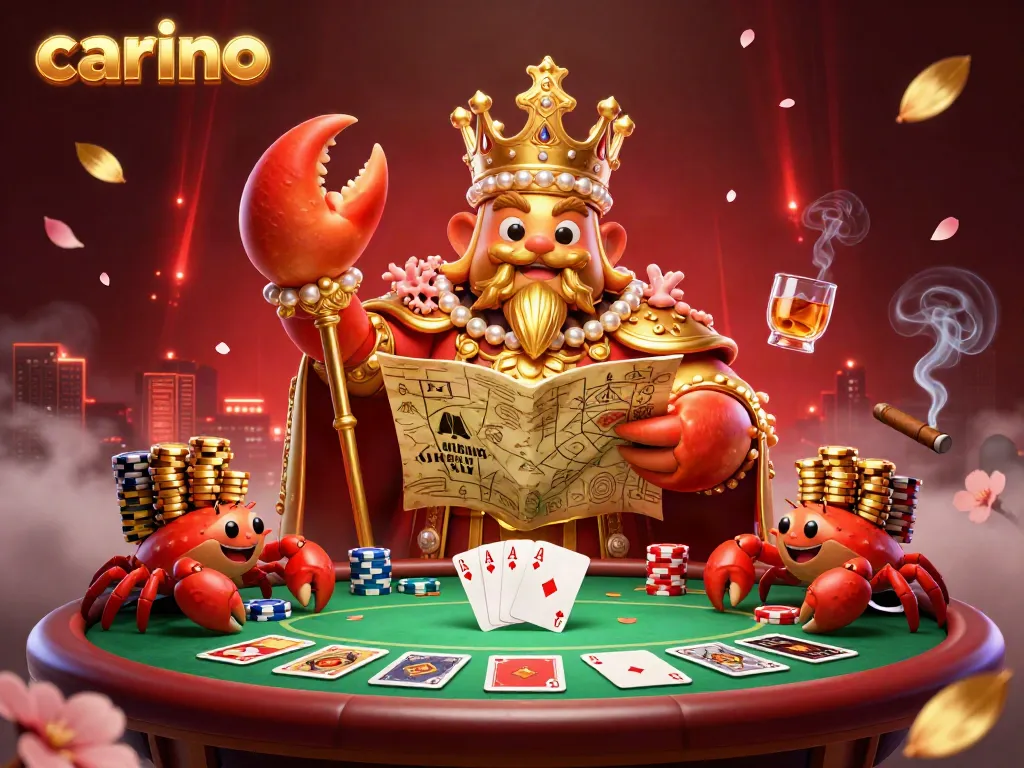 Experience thrilling gameplay with carino-themed illustration featuring a golden crab emperor at a dynamic poker table.