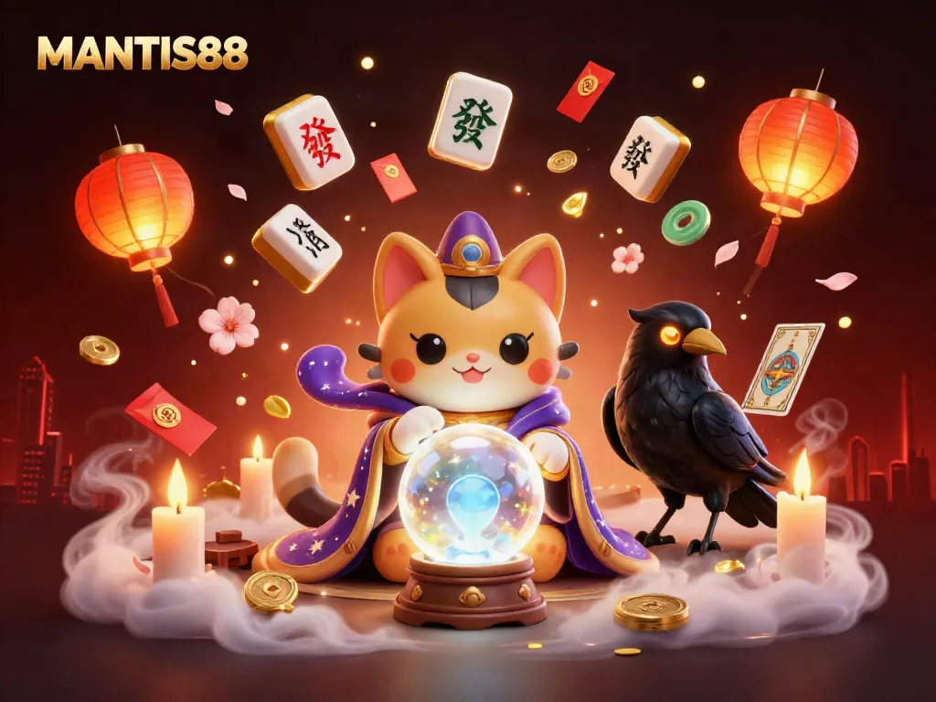 MANTIS88 offers a mystical gambling atmosphere with a fortune teller cat, raven, and energetic casino elements.
