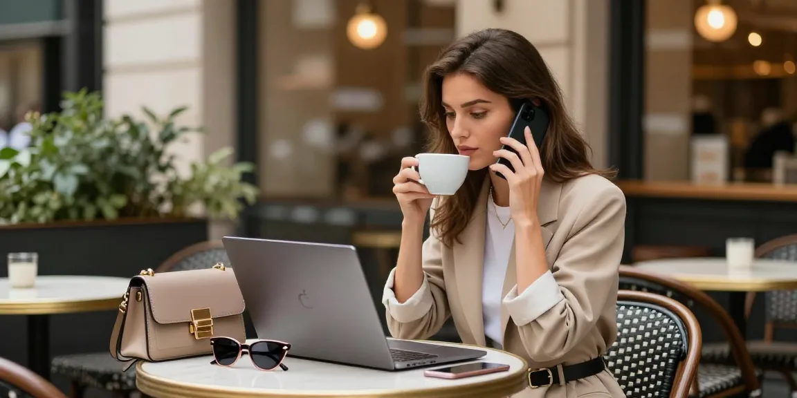 Hình ảnh gái gọi đang ngồi tại quán cà phê, trò chuyện qua điện thoại và làm việc trên laptop.