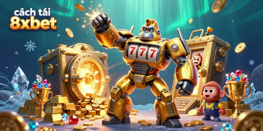 Experience cách tải 8xbet with a golden gorilla mech surrounded by treasures and colorful gems in an explosive casino scene.
