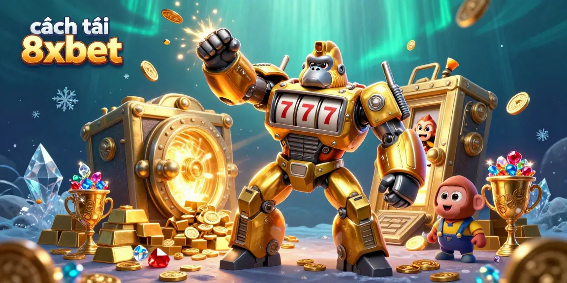Experience cách tải 8xbet with a golden gorilla mech surrounded by treasures and colorful gems in an explosive casino scene.
