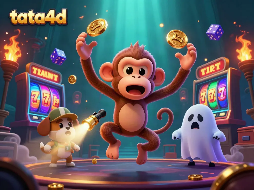 Experience the excitement of tata4d's slots with a mystical poltergeist monkey juggling golden items in a haunted casino scene.