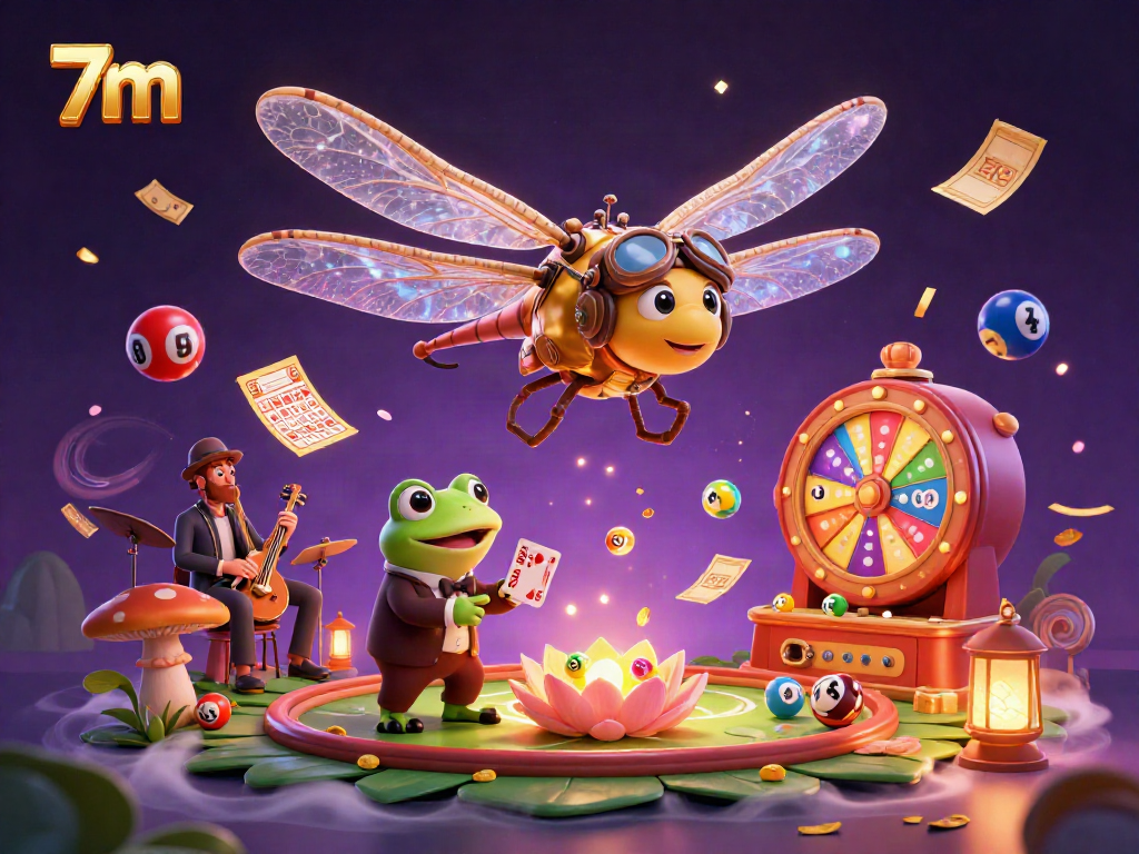 Engaging 7m-themed casino illustration featuring a dragonfly pilot, frog croupier, and jazz musicians amidst vibrant gaming elements.