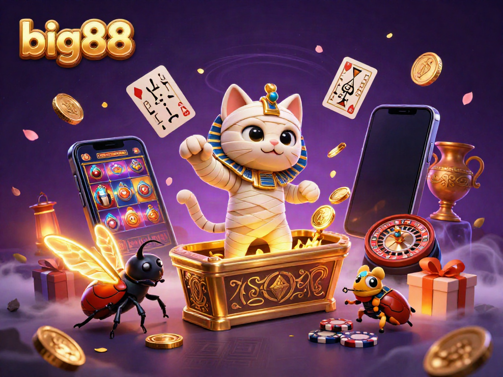 Engage with big88's vibrant pyramid casino scene featuring a mummy cat, glowing scarab, and energetic gambling elements.