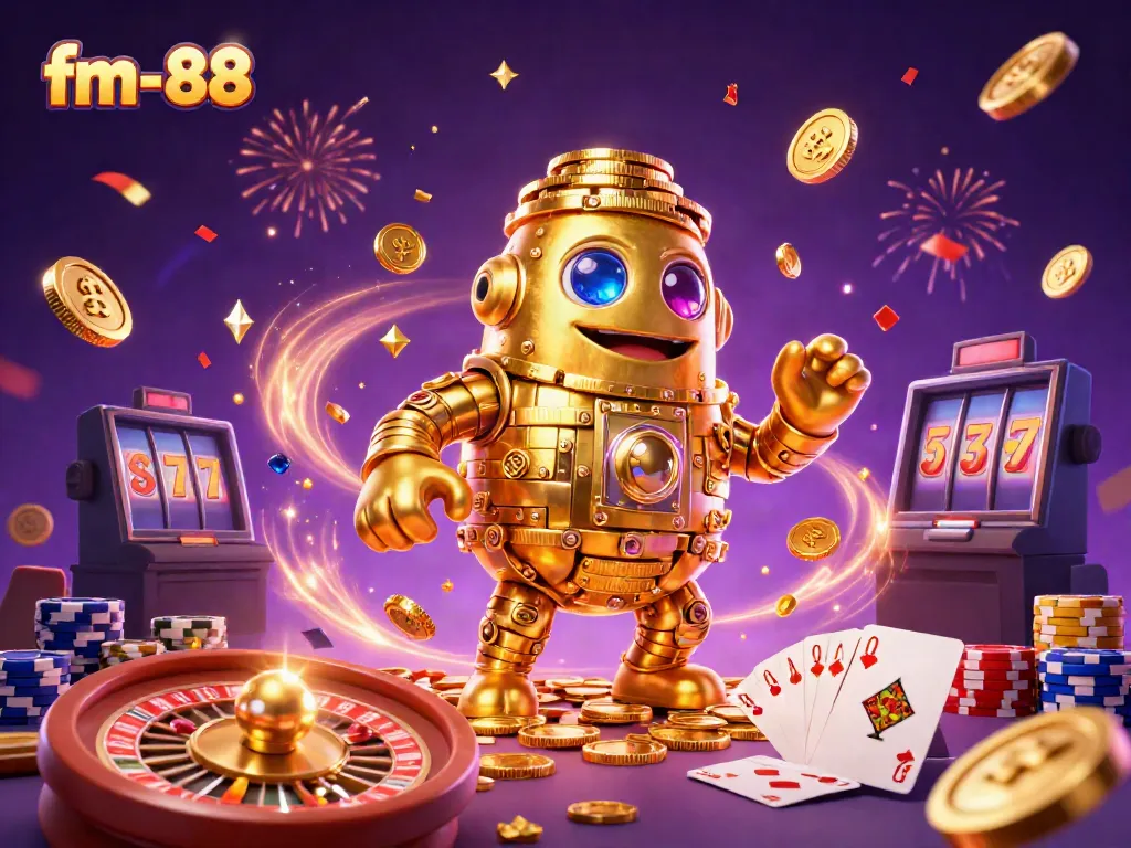 Win big with FM-88's dazzling golden golem and cascading casino elements in this vibrant illustration.