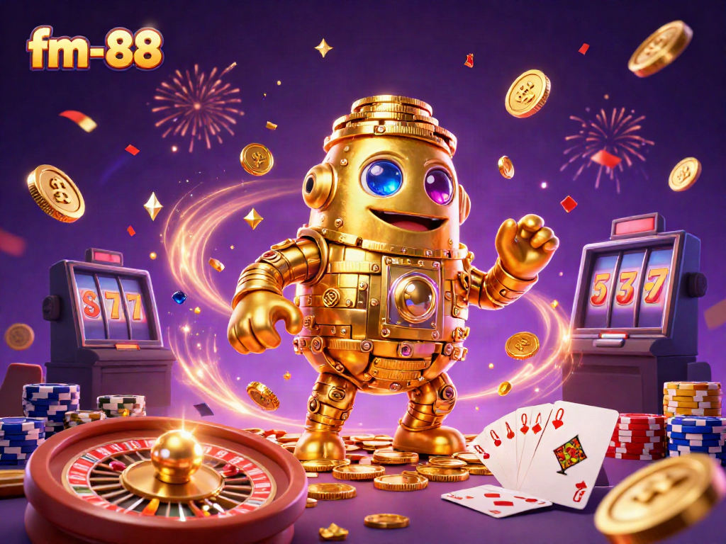 Win big with FM-88's dazzling golden golem and cascading casino elements in this vibrant illustration.