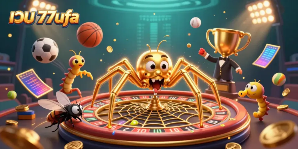 Engage with เว็บ 77ufa as a golden spider weaves a roulette wheel web, depicted in a vibrant 3D scene.