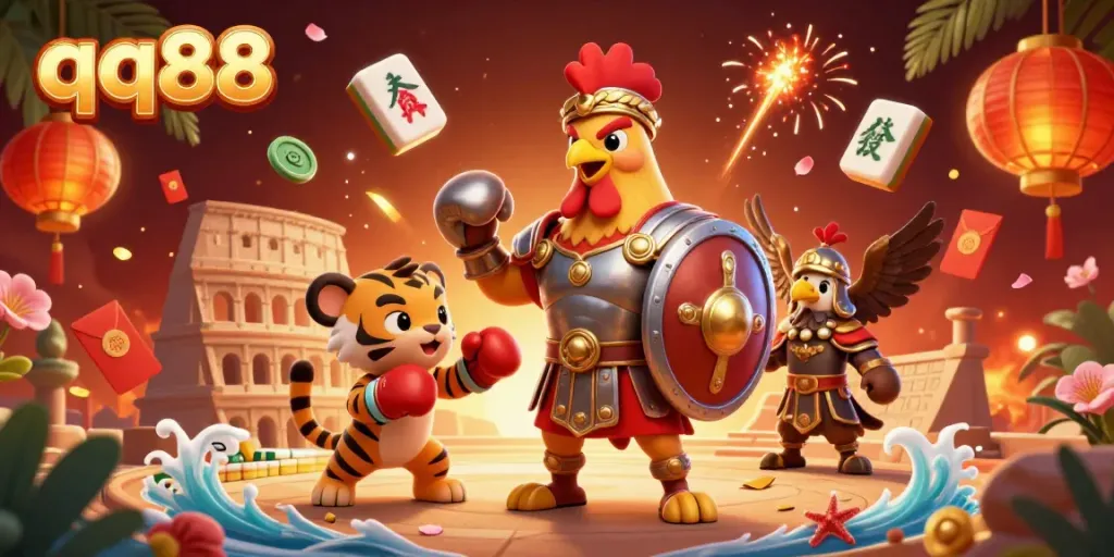 Engage with exciting gameplay at qq88, featuring dynamic characters in a vibrant casino-themed illustration.