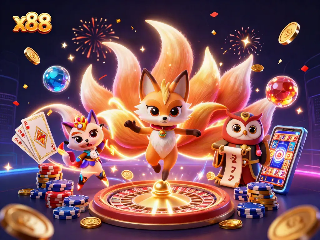 X88 brings exciting gambling adventures to life with vibrant characters, coins, and casino elements.