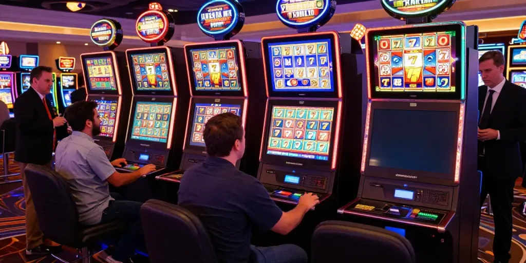 Lucky777-themed slot machines in an energetic casino atmosphere with excited players enjoying their gaming experience.