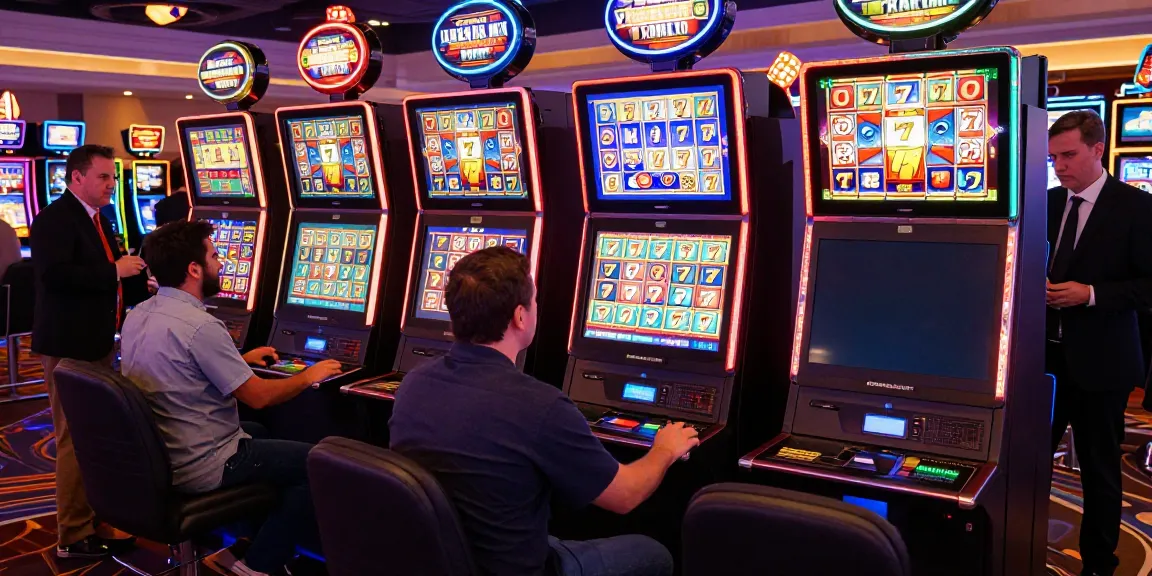 Lucky777-themed slot machines in an energetic casino atmosphere with excited players enjoying their gaming experience.