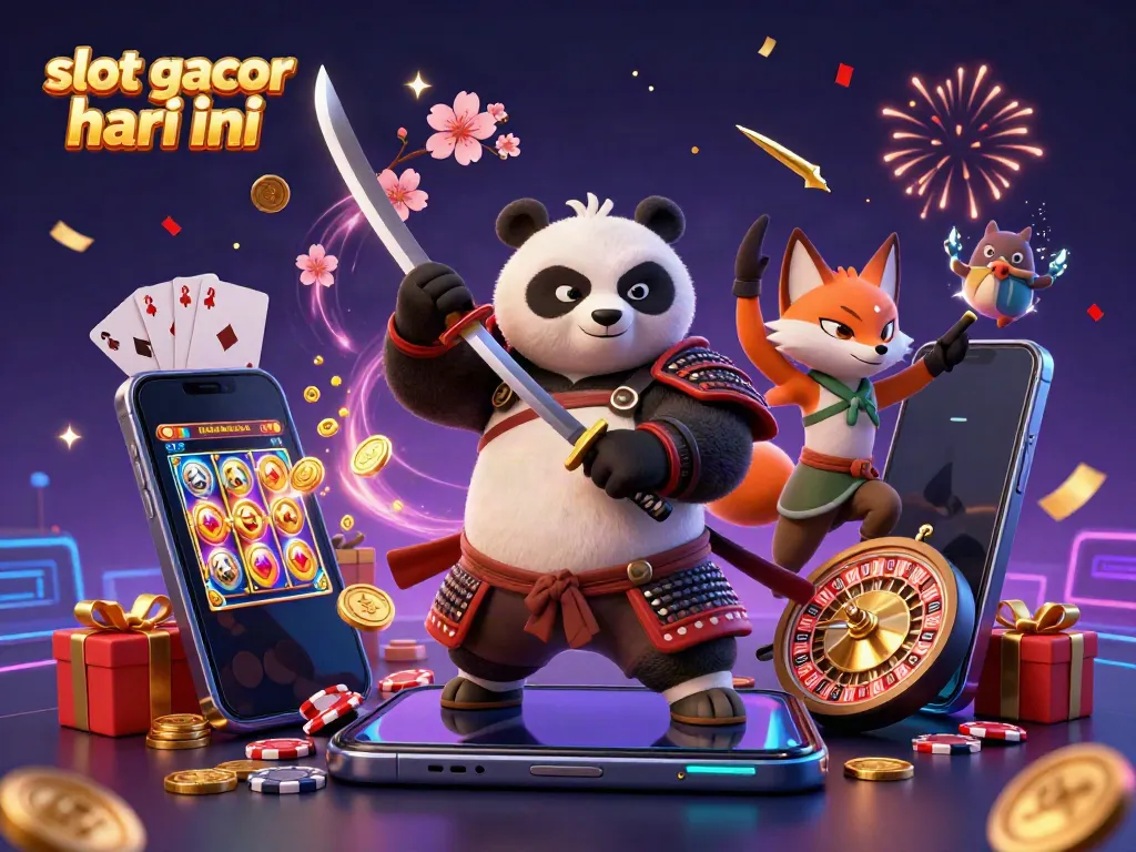 Engage in the thrill of slot gacor hari ini with exciting 3D samurai, fox, and tanuki characters surrounded by casino elements.
