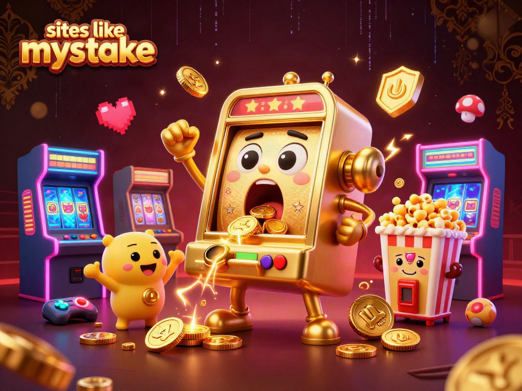 Experience the excitement of sites like mystake with lively slot machines, golden coins, and arcade-themed elements.