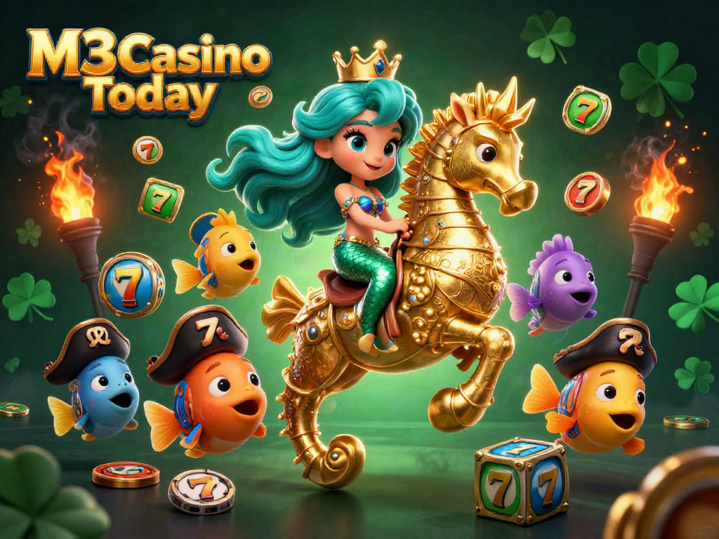 Engage in thrilling gaming with M3 Casino Today, featuring a vibrant 3D scene of mermaids, a seahorse, and slot machines.