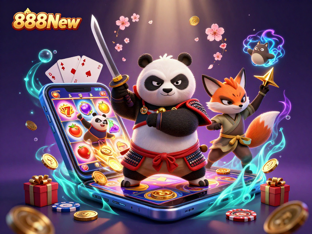 Engage with 888New through vibrant samurai panda and ninja fox immersed in a dynamic casino setting.